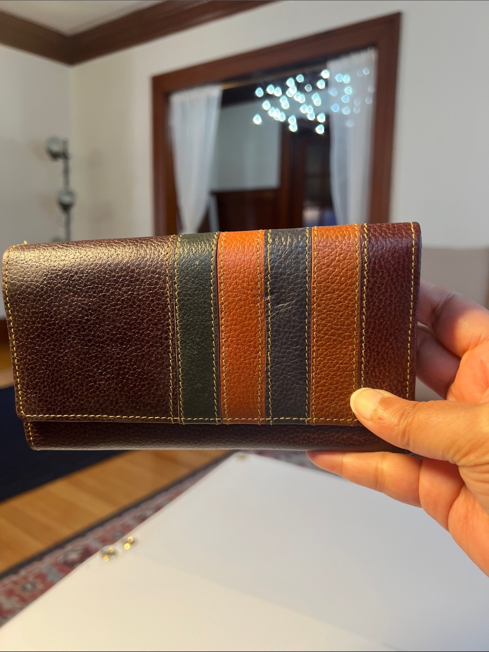 100%Leather Trifold Wallet - Brown with Tan and Black Stripes